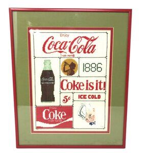 Coca-Cola Petit Point Needlepoint Red Framed Matted  5 cent 1886 Bottle